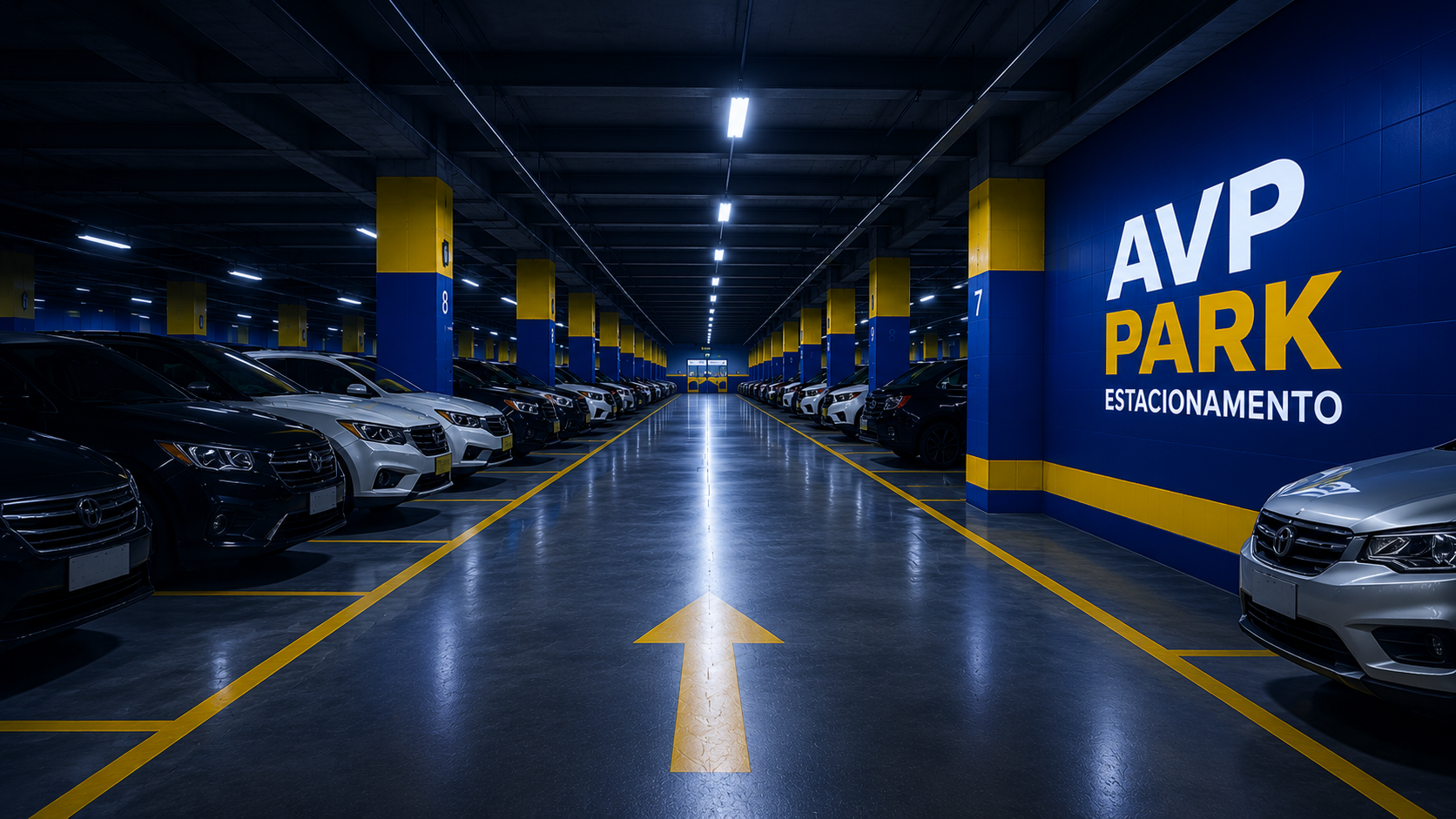 Interior do estacionamento AVP PARK, com pilares azuis e amarelos, vagas amplas e placa de identificação